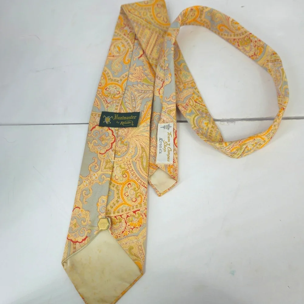 Vintage 1960s Resilio Paisley Mens Tie Yellow Red Powder Blue Pastel Paisley USA - Picture 9 of 9